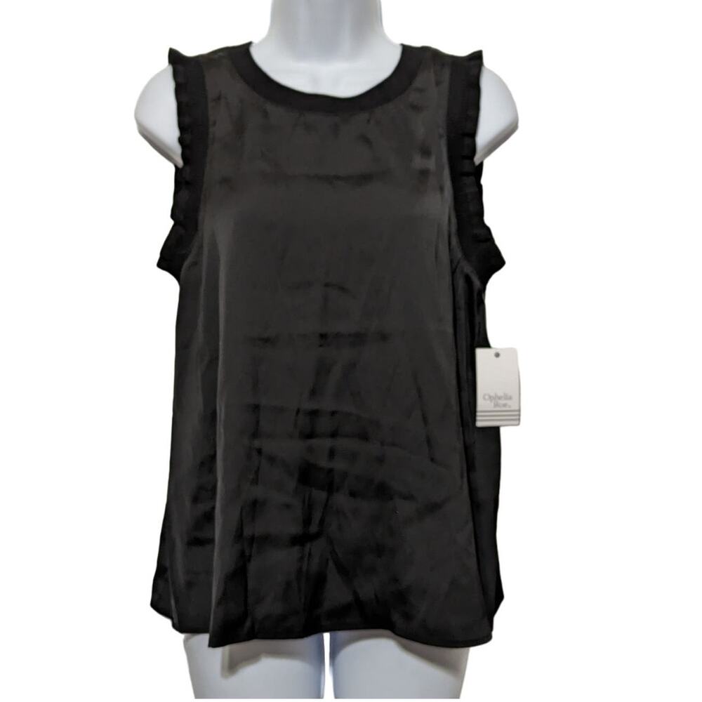 Ophelia Roe Tunic Top, Small, Black Satin Ruffle Sleeveless Summer Office Blouse - Picture 2 of 11
